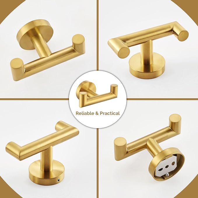 Angle Simple Towel Double Hook Brushed Dark Gold 2 PCS, SUS304 Stainless Steel Bathroom Hand Towel Holder, Double Robe Hook, Wall Mount