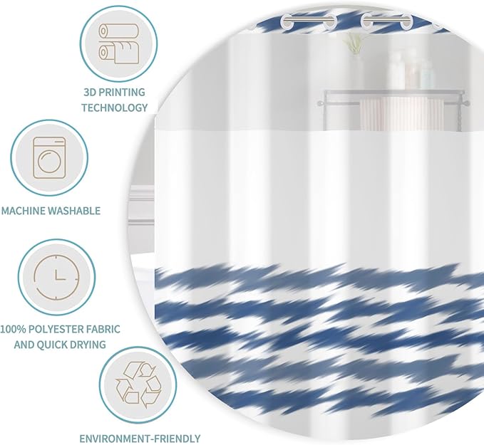 No Hook Blue Striped Shower Curtain with Snap in Fabric Liner Set Washable Wavy Blue Pattern Modern Hotel Quality Shower Curtain with See Through Mesh Double-Layered Curtains for Bathroom 71x74 Inch