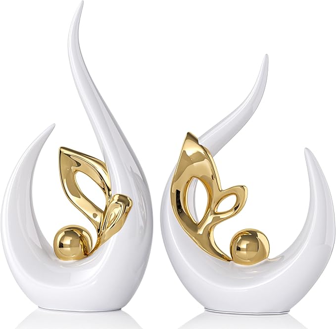 White Gold Home Decor Accent,Abstract Ceramic Statue and Sculptures for Living Room,Mid Century Modern Decor for Desktop Bookshelf tv Stand Fireplace Coffee Table Centerpieces Decorations