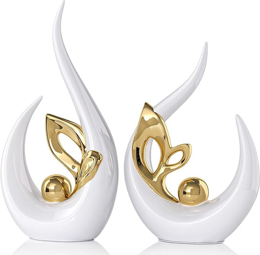 White Gold Home Decor Accent,Abstract Ceramic Statue and Sculptures for Living Room,Mid Century Modern Decor for Desktop Bookshelf tv Stand Fireplace Coffee Table Centerpieces Decorations