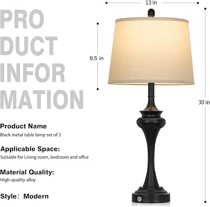 Rinweey 30 Inch Black Table Lamp Single, 3-Way Touch Control Bedside Lamp with USB A+C Ports, Modern Bedroom Lamps for Nightstand, Metal Living Room Lamps for Side Table Desk Office, Bulb Included