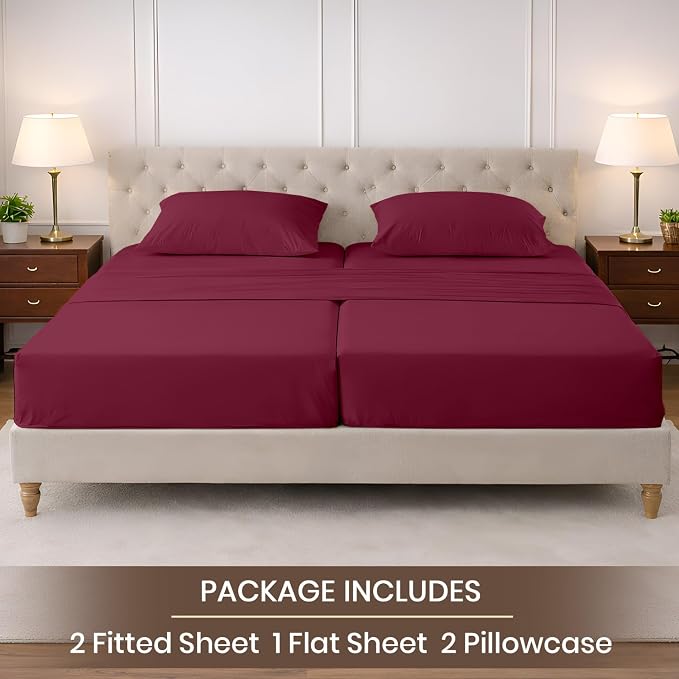 SGI Split King Sheet Set for Adjustable Bed Egyptian Premium Cotton 600 Thread Count Sheets for Sleep Number Bed 15" Deep Pocket 5 Pc Set with 2 Twin XL Fitted Sheets Soft Breathable -Burgundy