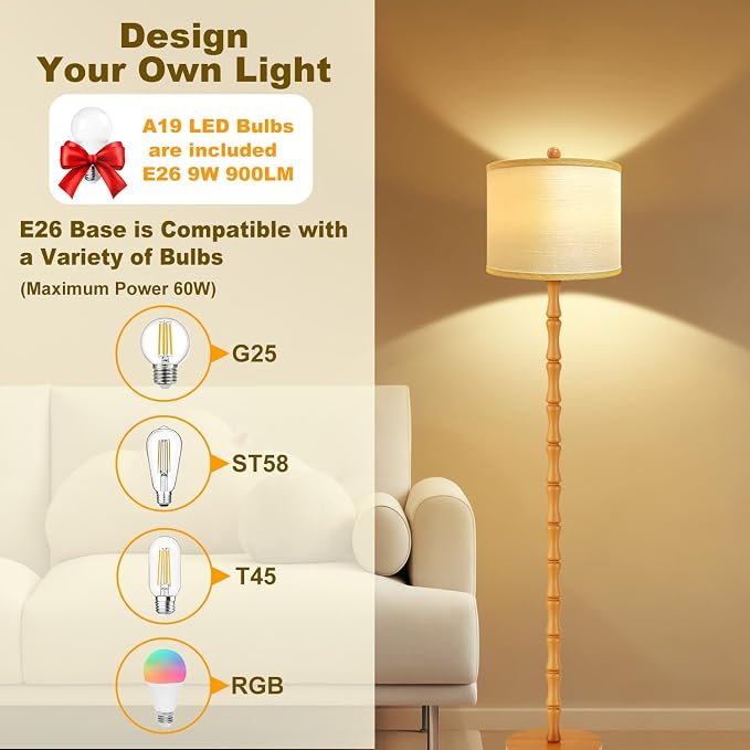 Vinaco 64" Rustic Farmhouse Floor Lamp, 3 Color Temperatures Wood Floor Lamp, Retro Standing Lamps with Rotary Switch, Tall Lamps for Living Room, Bedroom CornerOffice, Dining Room(9W Bulb Included)