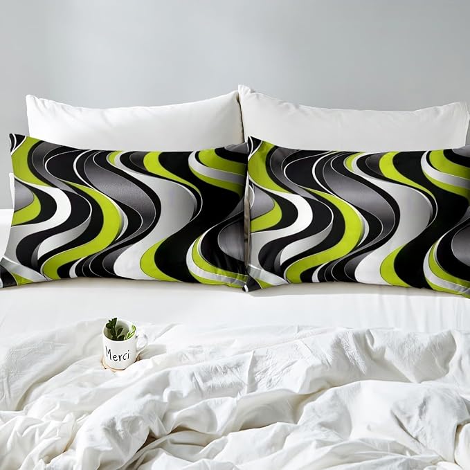 Erosebridal Geometric Wavy Lines Comforter Cover King for Kids Teens Adults,Minimalist Abstract Art Duvet Cover,Modern Aesthetic Bedding Set,Olive Grey Black Bed Set with 2 Pillowcases Bedroom Decor