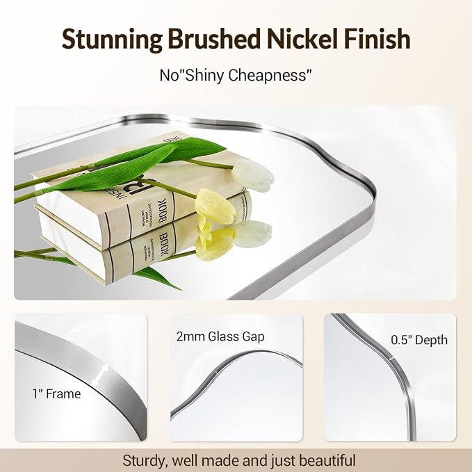 ANDY STAR Scalloped Arched Mirror, 22x35 Brushed Nickel Irregular Bathroom Mirror for Vanity, Asymmetrical Curved Top with Rustproof Stainless Steel Frame, for Entryway, Bedroom, Mantel, Fireplace