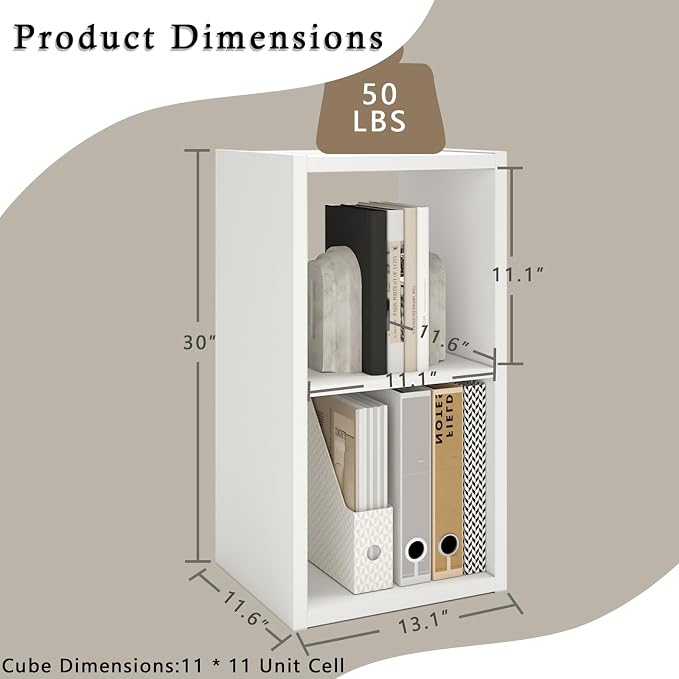 Endearing Limons【2026 Wooden Thick Border 2 Cube Shelf Storage Organizer with Anti-Tipping Kits + Reversible Open Back Bookcase (11 * 11 Unit Cell White)