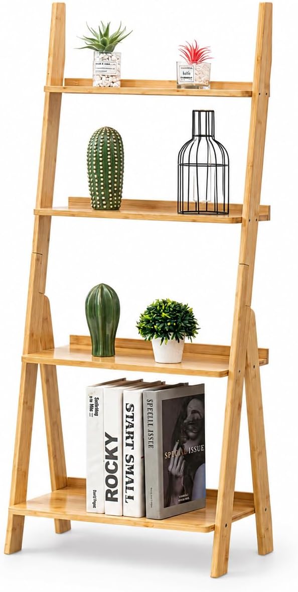 Maydear Bamboo Ladder Shelf Bookcase, 4-Tier Leaning Bookshelf Free Standing Organizer Storage Shelves for Living Room, Bedroom, Kitchen, Home Office, Balcony, Wood Color