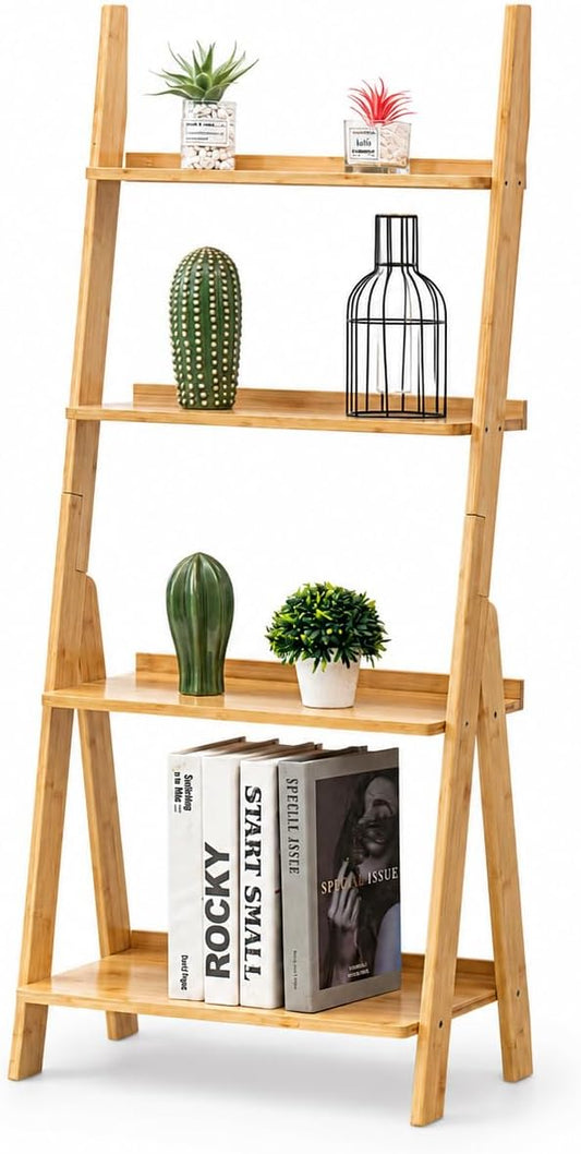 Maydear Bamboo Ladder Shelf Bookcase, 4-Tier Leaning Bookshelf Free Standing Organizer Storage Shelves for Living Room, Bedroom, Kitchen, Home Office, Balcony, Wood Color