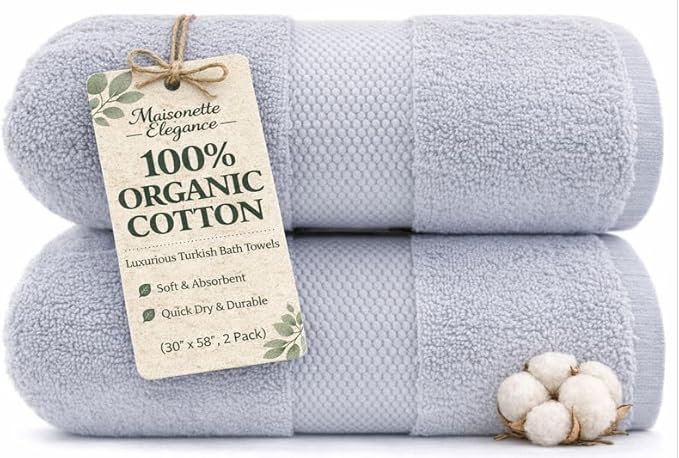 Maisonette Elegance 100% Organic Cotton Turkish Bath Towels, Soft & Absorbent, Ideal Quick Dry Large Luxury Bathroom Towel Set for Shower (30" x 58", 2 Pack) - Light Gray (Shore)