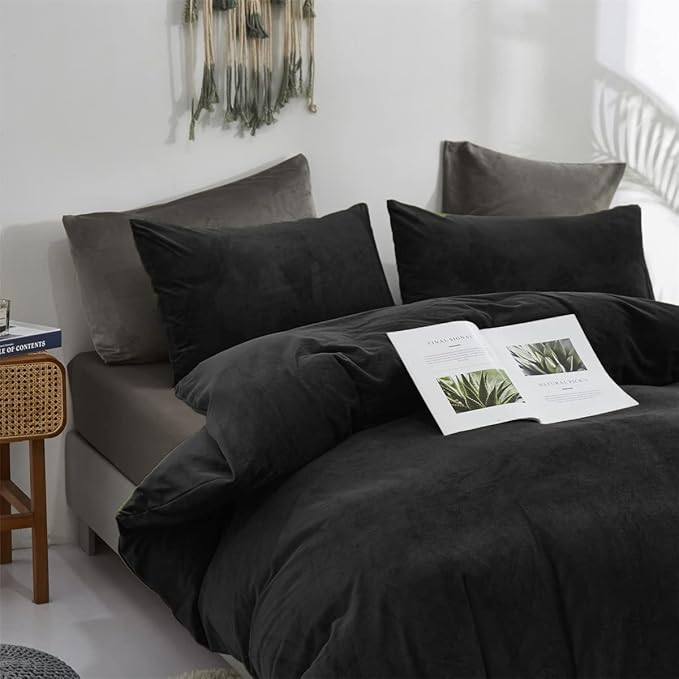 Pureant Black Velvet Comforter Sets King Solid Black Fluffy Bedding Comforters Women Men Plain Dark Color Flannel Quilt Modern Minimalist Blanket Micromink Sherpa Plush Bed
