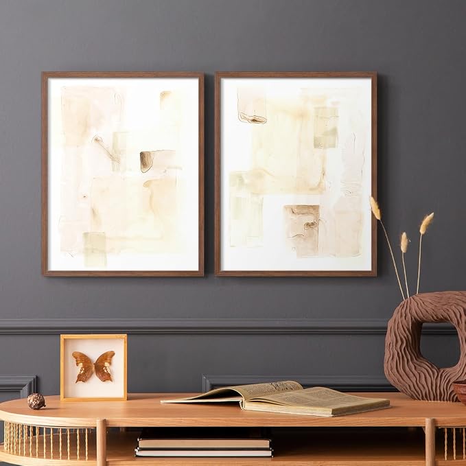 Renditions Gallery Set of 2 Peel & Stick Framed Prints, Abstract Wall Art, Mixed Handmade Oil Painting Wall Decor, Re-Stickable - Ready to Hang - 11"x14" - Walnut Frame LT588