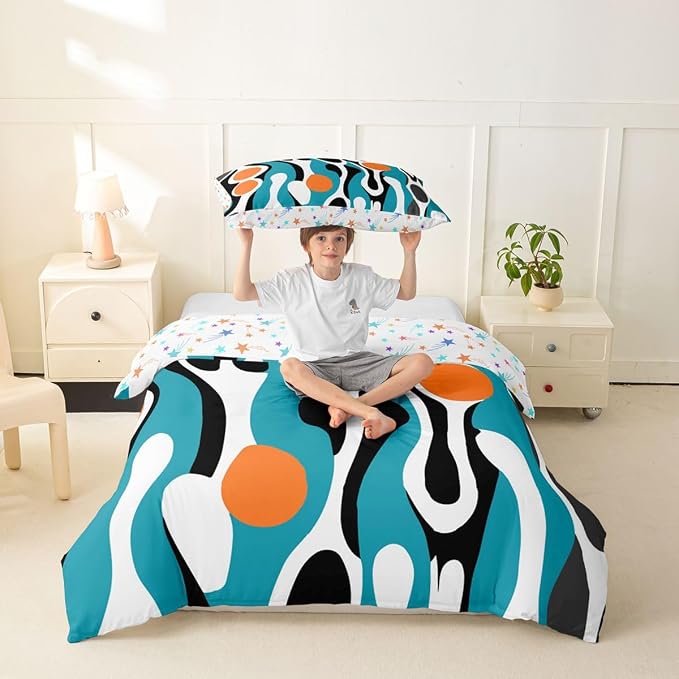 Erosebridal Mid Century Modern Abstract Duvet Cover Set Vintage Geometric Girl Toddler Bedding Set for Toddler Boys Contemporary Organic Shapes Comforter Cover Squiggle Blob Bed Sets,Teal Orange