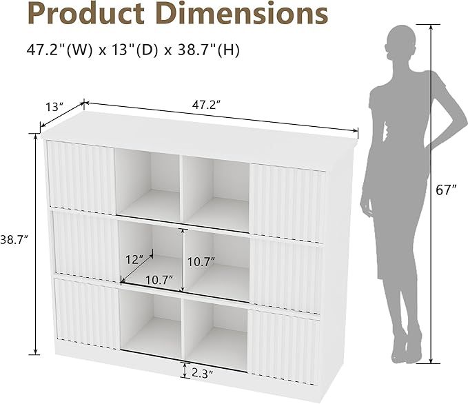 Einhomn 12 Cube Storage Organizer with Sliding Doors, Modern Fluted Bookshelf with Storage Cabinet, Wooden Bookcase with 6 Open Shelves for Living Room, Home Office, Bedroom, White