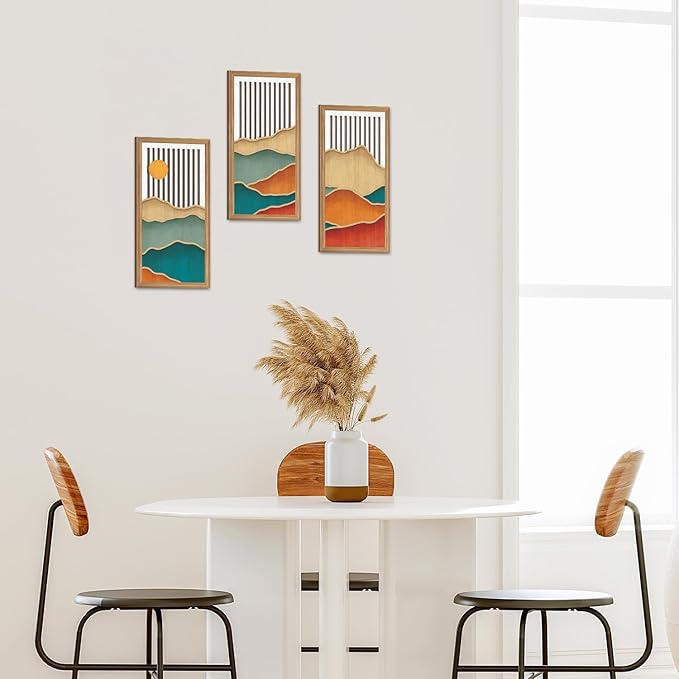 IARTTOP 3 Pcs Boho Mountain Wall Decor Modern Minimalist Wooden Artwork Bohemian Hanging Art Abstract Nature Landscape Wood Wall Art Decoration for Apartment Living Room 7.9 x15.8 Inch
