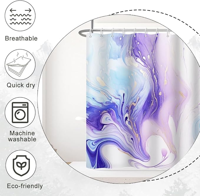 Purple Shower Curtain, Ombre Purple and Blue Marble Shower Curtain for Bathroom Waterproof Abstract Shower Curtain Set with Hooks, 72x84 Inch