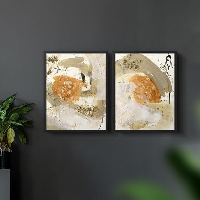 Renditions Gallery Set of 2 Peel & Stick Framed Prints, Neutral Abstract Wall Art, Earthy Tones Blended Brushstrokes Wall Decor, Re-Stickable - Ready to Hang - 16"x20" - Black Frame LT588