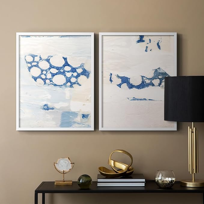 Renditions Gallery Set of 2 Peel & Stick Framed Prints, Textured Abstract Wall Art, White Blue Bubble Like Pattern Wall Decor, Re-Stickable - Ready to Hang - 8"x10" - White Frame LT588