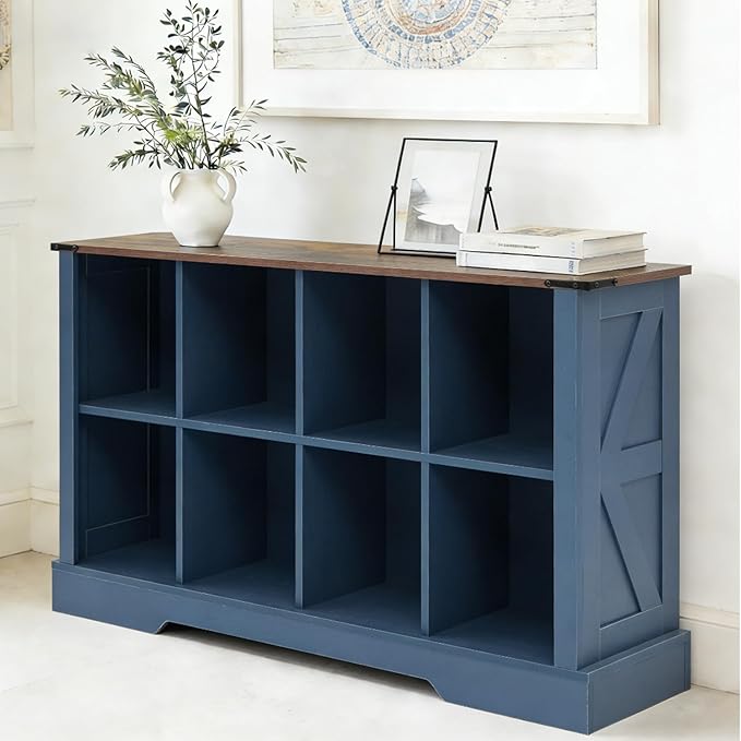 8 Cube Storage Organizer, 2 Tier Book Shelf with Led Lights, Farmhouse Book Shelves for Living Room, Horizontal Toy Storage Bookshelf, Wood Display Bookcase Cabinet for Bedroom, Office, Blue