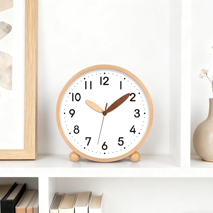 Maxspace Wooden Table Clock,8in Silent Non-Ticking Desk Clock,Battery Operated Desktop Analog Clock for Living Room Bedroom Kitchen Office Classroom Decor (Log - White)