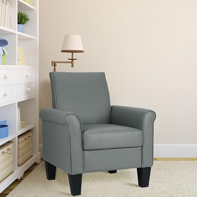 Mid-Century Modern Accent Chair, Overstuffed Leather Chairs for Living Room,Upholstered Comfy Club Chair Fake Faux Leather Armchair for Bedroom Apartment Office Lounge, PU Leather, Grey