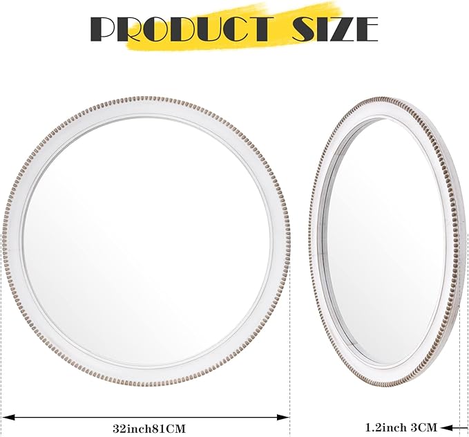 sawsile Round Wood Mirror,32 inch Circle Rustic Farmhouse White Wooden Frame Boho Beads Wall Mirror for Bathroom,Living Room,Bedroom or Entryway