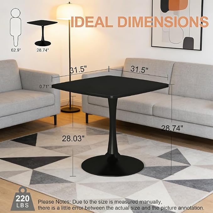31.5 inches Black Square Dining Table for 2, Special Kitchen Table with Tulip Shape & Metal Pedestal Base, Mid Century Modern Bistro Tulip Table for Kitchen, Small Space, Cafe