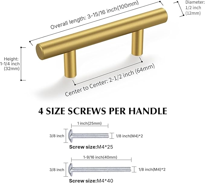 Haliwu 100 Pack Cabinet Handles Brass Gold Cabinet Pulls 2-1/2 Inch Hole Center Drawer Pulls Modern Bar Dresser Handles for Bathroom Kitchen Bedroom