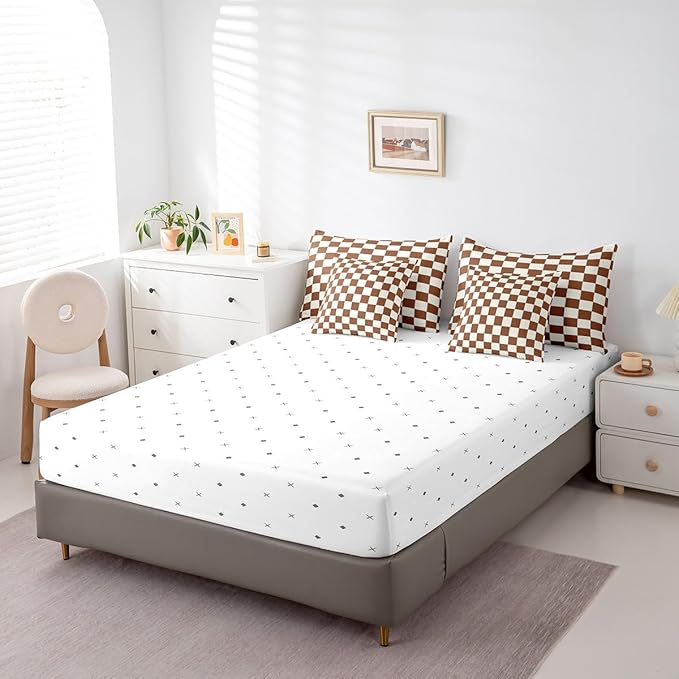 Erosebridal Plaid Queen Comforter Set 7 Piece Beige Caramel Brown Checkerboard Bed in A Bag with Sheets Geometric Checkered Bedding Set for Kids Boys Girls,Aesthetic Grid Bed Set