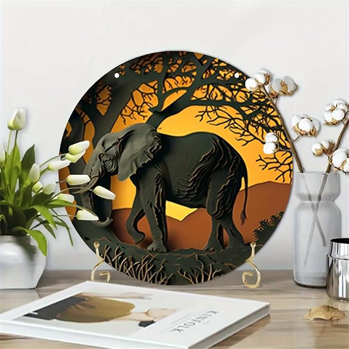 1pc 8x8in/20cm*20cm Round Wooden Hanging Sign, Imitation Hollow Painting Round Garland Sign Sign, Office Decor, Women's Gift Elephant Theme Decoration, Home Decor