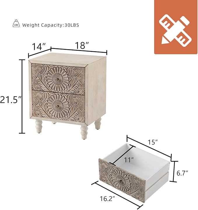 HOMPUS 2-Drawer Farmhouse Nightstand, Fully Assembled Boho Night Stand, Vintage Accent End Table Bedside Table, Small Nightstand Organizer for Bedroom, Laundry, Distress White