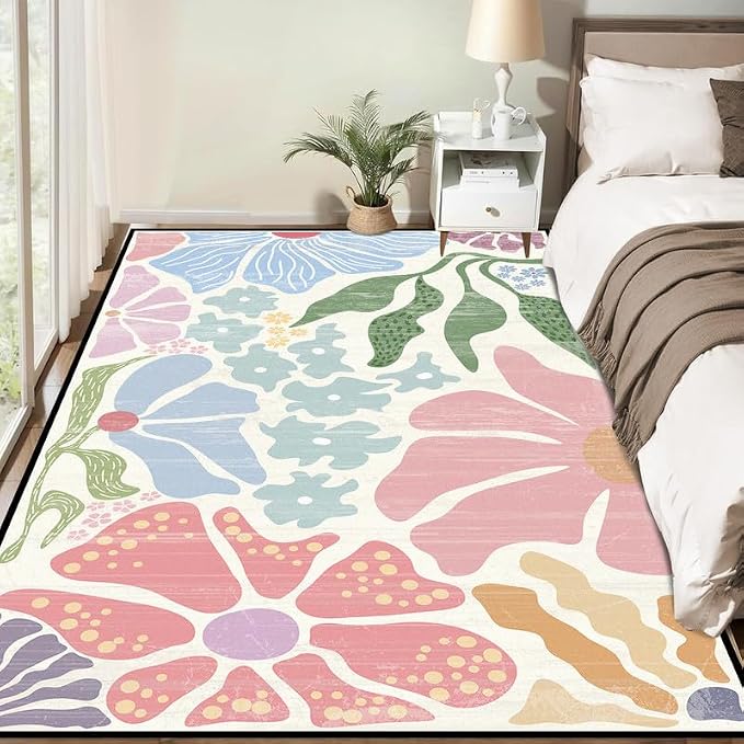 Floral Area Rug Modern Abstract Rug Pastel Flower Print Carpet Colorful Bohemian Plant Rugs for Entryway Bedroom Living Room Nursery Kitchen Playroom Home Decor,3'x5'