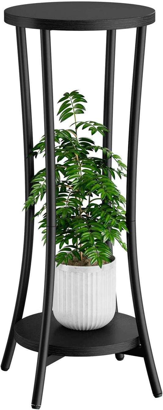 IBUYKE 30 Inch Tall Plant Stand Indoor, 2 Tier Wood Corner Plant Stand, Modern Round Plant Shelf Flower Stand for Living Room Patio Balcony Garden, Black TMJ074B