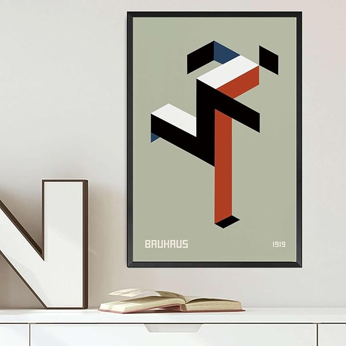Printed Canvas Painting Wall Art Bauhaus Print 1919 Exhibition Poster Running Man Geometric Decor Modern Minimalist Abstract Sage Green Wall Art Bedroom and Kitchen Office Wall Decoration 8x12inch metal frame