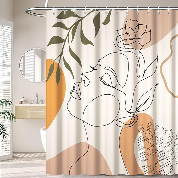 65x72 Inch Modern Boho Bathroom Shower Curtain Abstract Minimalist Bath Set Decor Women Portrait Stripe Palm Leaves Chic Aesthetic Bathtub Curtains Washable Waterproof Polyester Fabric with Hooks