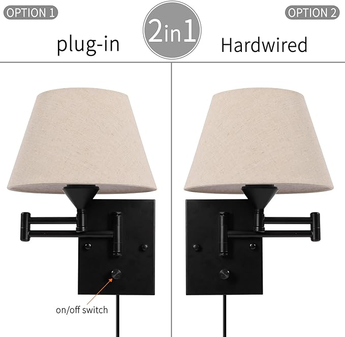 Pauwer Plug in Wall Sconce Set of 2 Swing Arm Wall Lamp with Plug in Cord and Fabric Shade Wall Light Fixtures for Hallway Bedroom Living Room (Beige Shade)