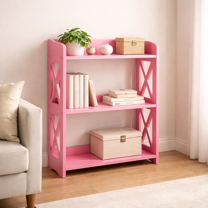 Pink Bookcase by Natural Wood, 3 Tier Bookshelf, Small Book Shelves Freestanding Display Storage Shelves. Open Bookshelf for Bedroom, Living Room and Office (Pink, 3 Tier)