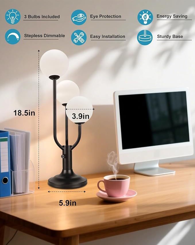 Lightdot Modern Black Globe Table Lamp Mid Century 3-Light Desk Lamp 3000K Warmwhite Dimmable Nightstand Lamp for Bedroom Bedside End Table(G9 Bulb Included)