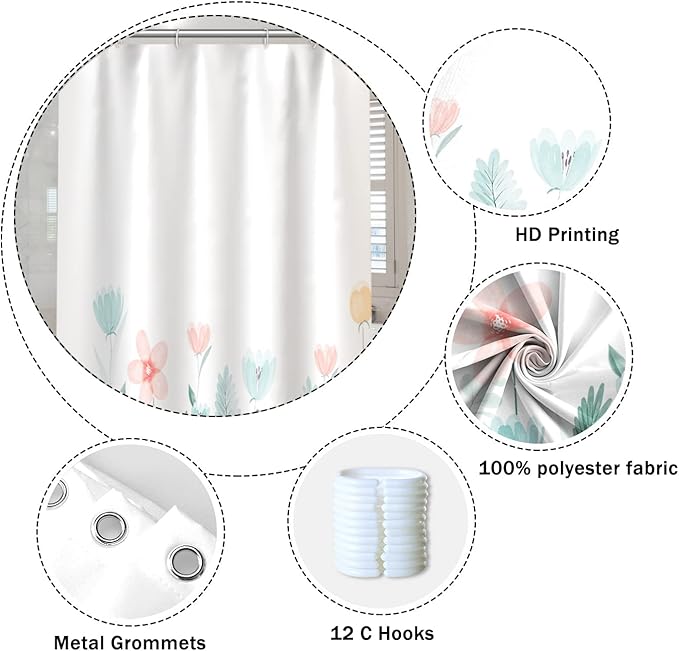 Nature Flower Shower Curtain for Bathroom Blue and Pink Floral Wild Grass Botanical Shower Curtain Modern Aesthetics Washable Polyester Durable Fabric Shower Curtain with Hooks, 65x72 Inch