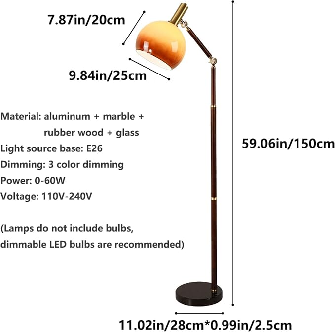 Creative Vintage Adjustable Swing Arm Floor Lamp with Tri-Color Dimming - E26 Metal Glass Standing Lamp, H59”, Ideal for Bedroom, Office, Hotel, Room, Torchiere, Villa, Mall Decoration