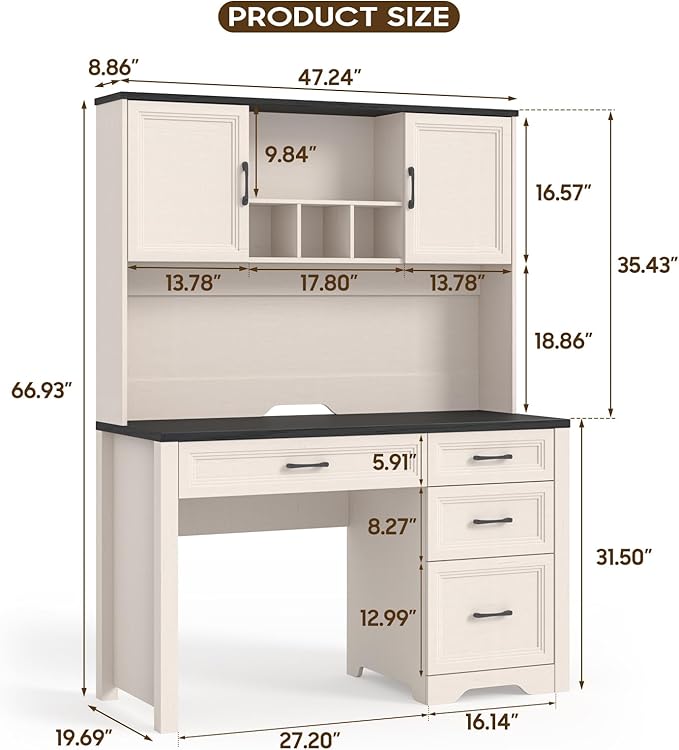 Vabches Farmhouse Executive Desk with 4 Drawers and Storage Cabinet, Rustic Large Home Writing Desk with Hutch, Workstation for Bedroom, Black.