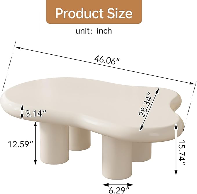 46.06" White Large Cloud Coffee Table, Modern Round Edge Coffee Table with 4 Sturdy Support Legs and 2.67" Thick Tabletop,Easy Match for Living Room, Bedroom, Balcony,Patio