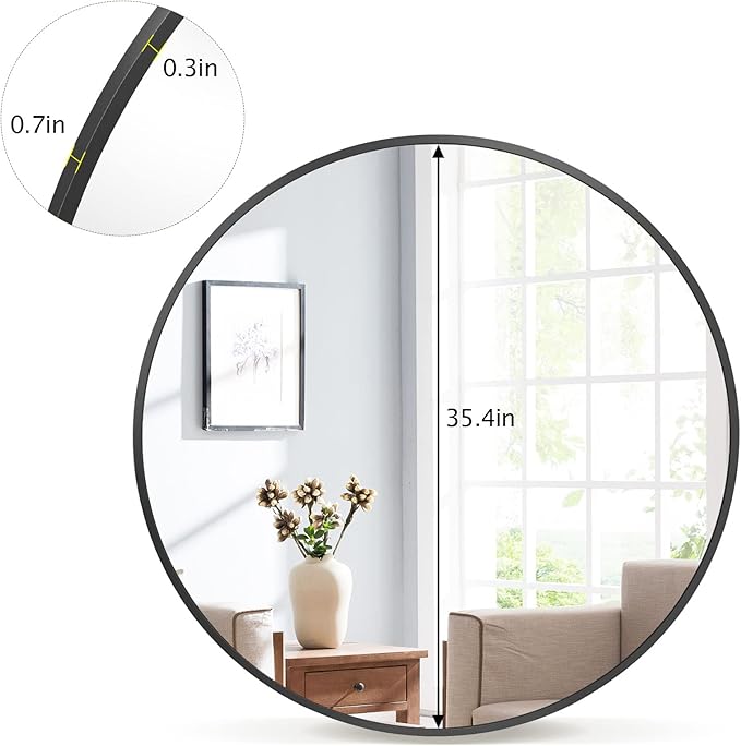 VooBang Round Mirror 36" Black Wall Mounted Circle Mirrors Vanity Mirror with Aluminum Alloy Frame Modern Decoration for Bathroom, Living Room, Vanity, Bedroom, Entryway
