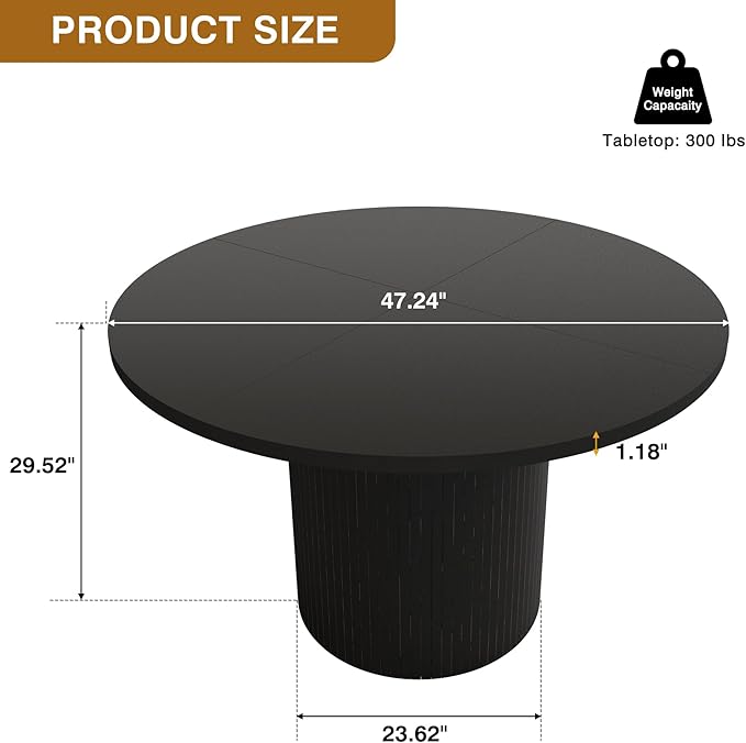 QHITTY Fluted Round Dining Table, 47-inch Wood Kitchen Table for 4, Farmhouse Circle Tabl with Strip Base for Kitchen, Living Room, Black