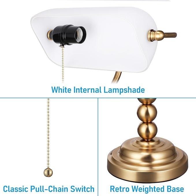 TORCHSTAR Ivory White Glass Bankers Desk Lamp, Antique Desk Lamps with Retro Weighted Base, Traditional Library Lamp with Pull Chain, E26 Base, Vintage Desk Lamp for Office, Study Room