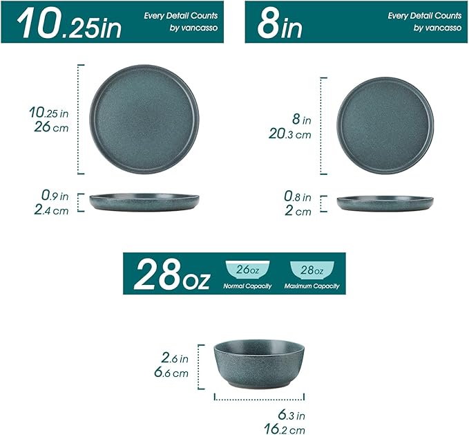 vancasso Plates and Bowls Sets, 18 Pieces Stoneware Dinnerware Set for 6, Ceramic Dish Set for Kitchen, Microwave and Dishwasher Safe, Smoky Teal, Series ZERMATT
