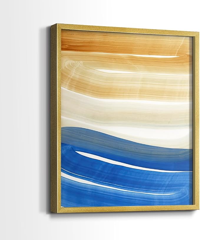 Renditions Gallery Set of 2 Peel & Stick Framed Prints, Abstract Wall Art, Blue and Gold Wave Textured Background Wall Decor, Re-Stickable - Ready to Hang - 22"x28" - GOLD Frame LT588