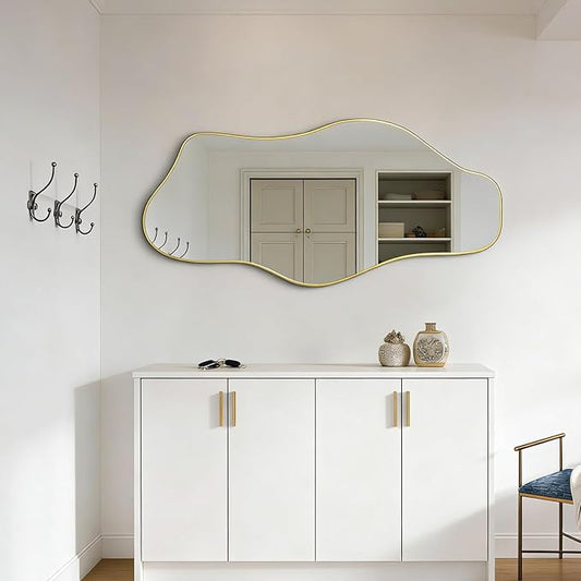Gold Irregular Wall Mirror, 47.5"x24" Asymmetrical Tempered Glass Mirror Decorative, Modern Abstract Frameless Mirrors for Living Room Bathroom Bedroom Hallway Entryway, Horizontal or Vertical Hanging
