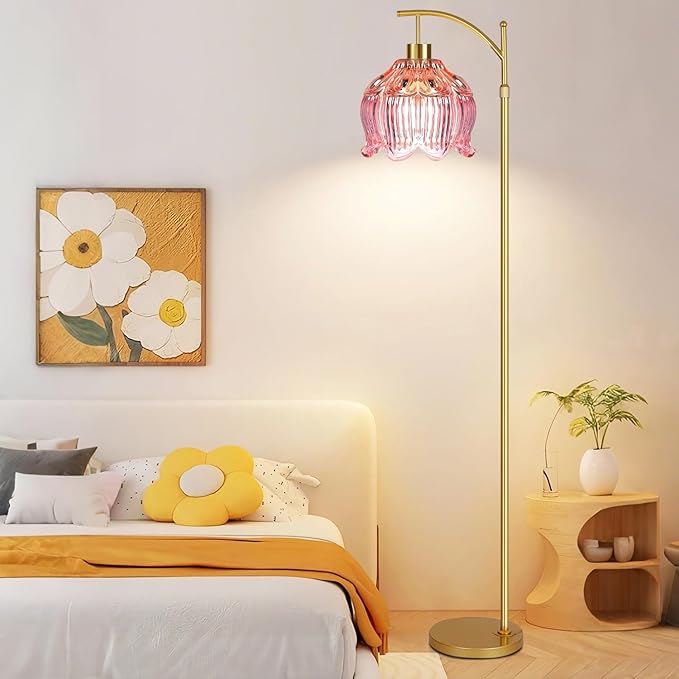 Pink Floor Lamp for Living Room,Bedroom,Glass Mid Century Modern Standing Lamp with Remote,Dimmable Gold Brass Tall Lamp Tulip Flower Arc Floor Light Boho Bohemian