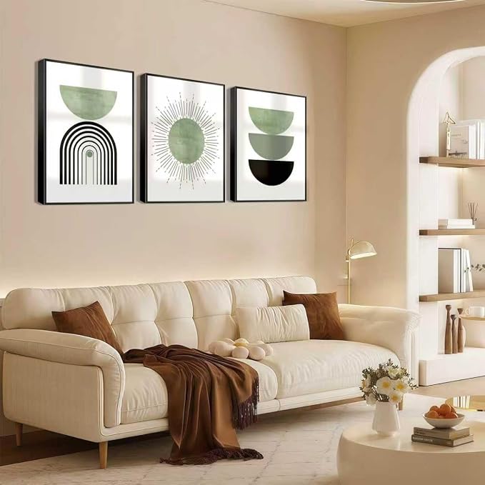 Black Frame Boho Abstract Geometric Wall Art Mid Century Canvas Wall decor Sun and Moon Paintings Prints Green Minimalist Art for Living Room Bedroom Office Decor (16 x 24 in Black Alloy Framed)