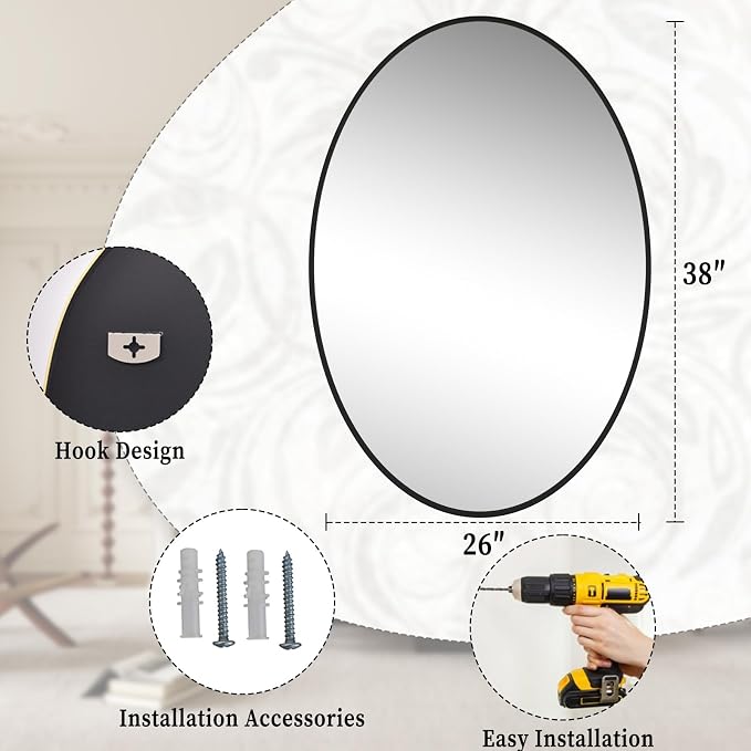 26"x38" Oval Bathroom Mirror with Black Metal Frame - Hanging or Leaning Oval Wall Mirror for Bathroom, Bedroom, Living Room, Entryway